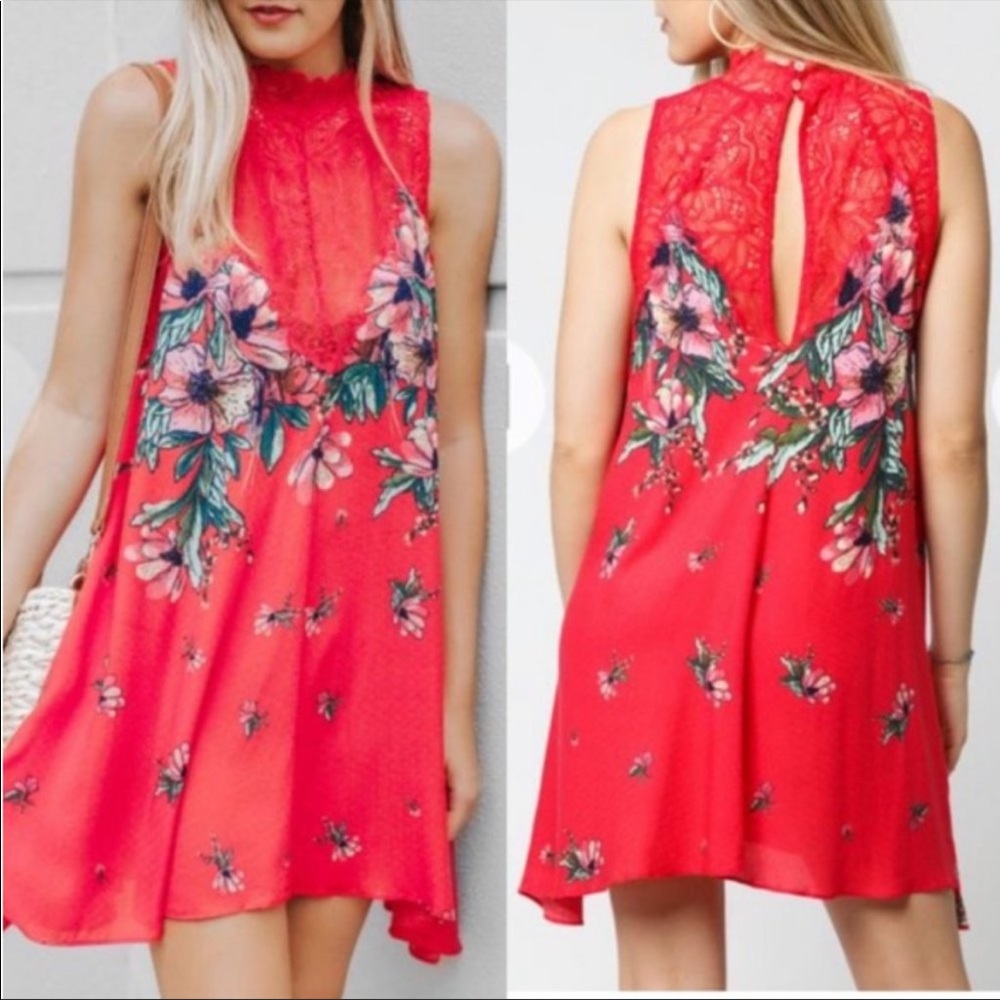 Free People Hot Red Marsha Floral Lace Slip Dress